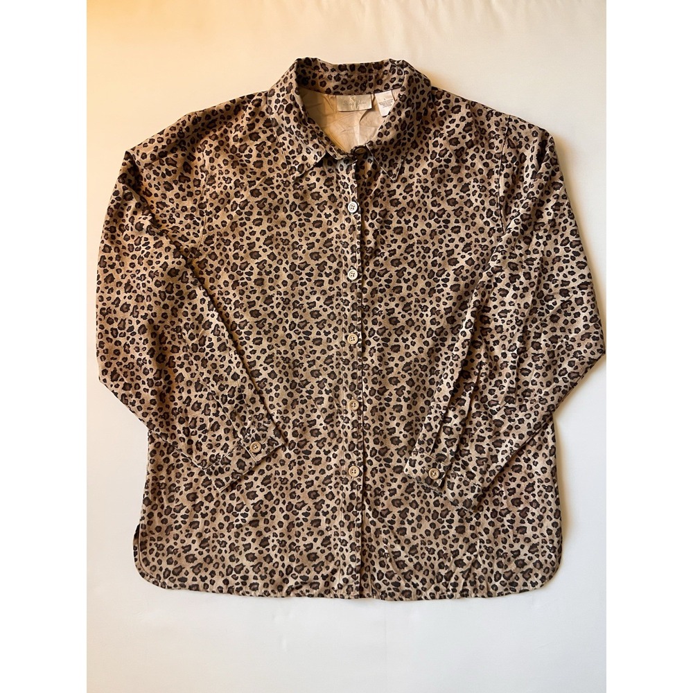 Vtg 90s Leopard Print Studio Works Button Down Blouse Shirt Womens Long Sleeve L